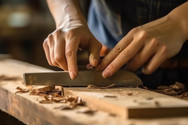 Primer plano de manos de carpintero en el taller midiendo la madera AI generativa