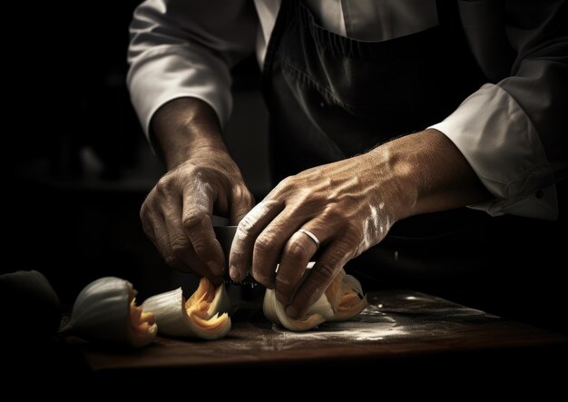 Foto un primer plano de las manos de un chef pelando hábilmente una calabaza capturando el momento preciso