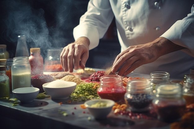 Un primer plano de las manos de un chef preparando ingredientes