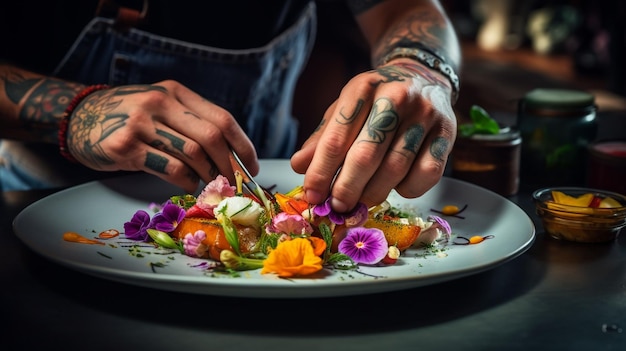 Foto un primer plano de las manos de un chef preparando un plato gourmet vegano generado por ai