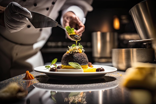 Foto el primer plano de las manos de los chefs preparando una obra maestra culinaria en una cocina elegante y moderna