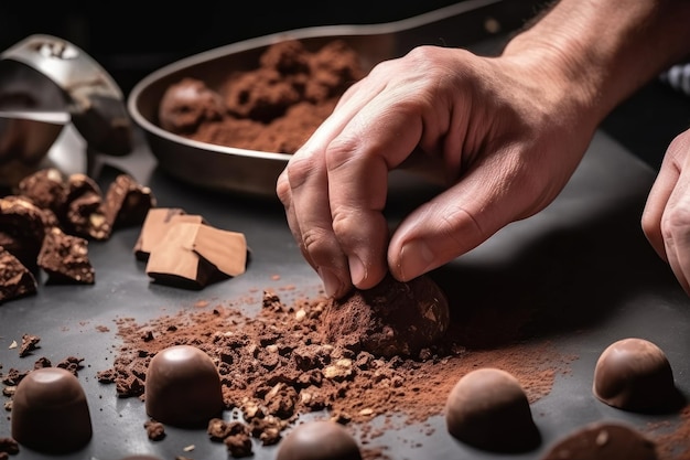 Primer plano de las manos de los chocolateros mezclando ingredientes y dando forma a las trufas creadas con ai generativo