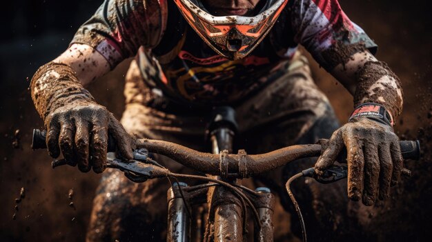 Un primer plano de las manos de un ciclista de montaña en el manillar fangoso