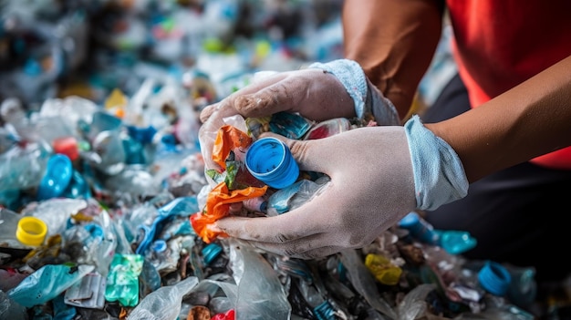 Primer plano de las manos clasificando materiales reciclables