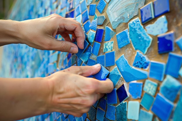 Foto un primer plano de manos colocando azulejos azules en una pared de mosaico