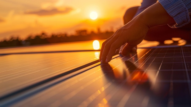 Un primer plano de manos colocando cuidadosamente pequeñas células solares en un panel grande con el sol brillando