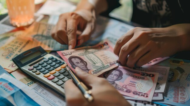 Foto un primer plano de manos contando billetes de baht tailandés con una calculadora y documentos financieros en un escritorio