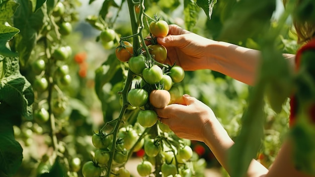 Un primer plano de manos cosechando suavemente tomates maduros e inmaduros de un jardín exuberante