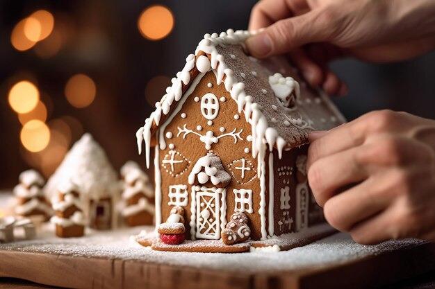 Un primer plano de las manos decorando una casa de pan de jengibre