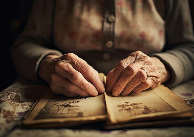 Foto un primer plano de las manos desgastadas de una vieja abuela sosteniendo un álbum de fotos desgastado lleno de cerezos