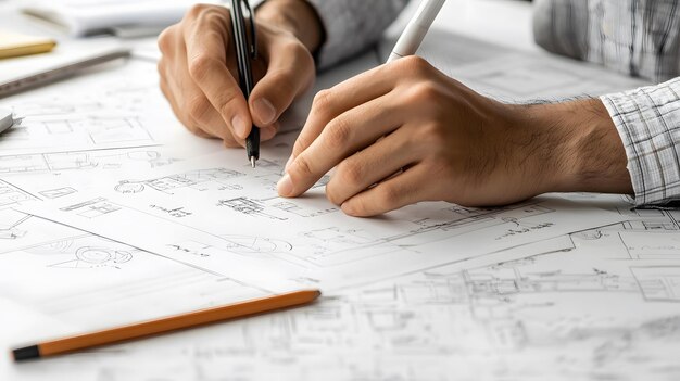 Un primer plano de las manos dibujando planos arquitectónicos en papel blanco