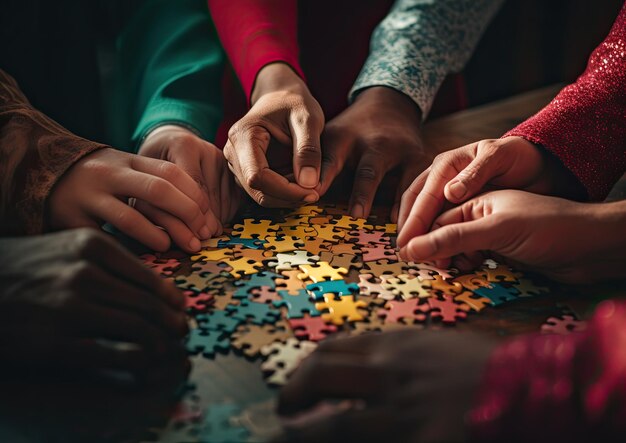 Foto un primer plano de manos de diferentes etnias montando un rompecabezas que simboliza