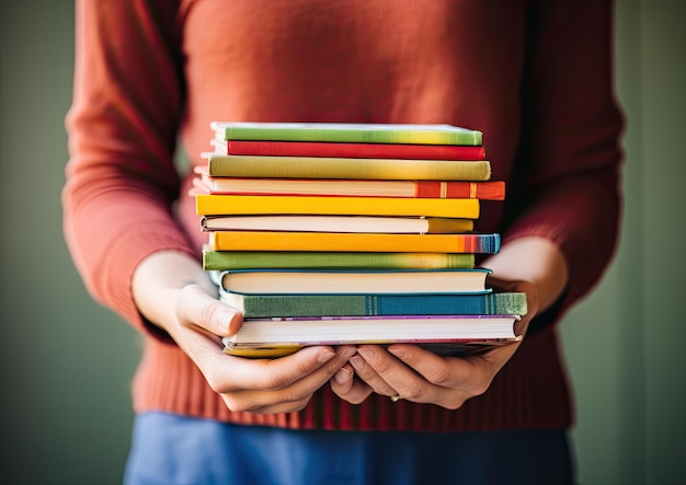 Un primer plano de las manos de un educador sosteniendo una colorida pila de libros con textura suave y natural.