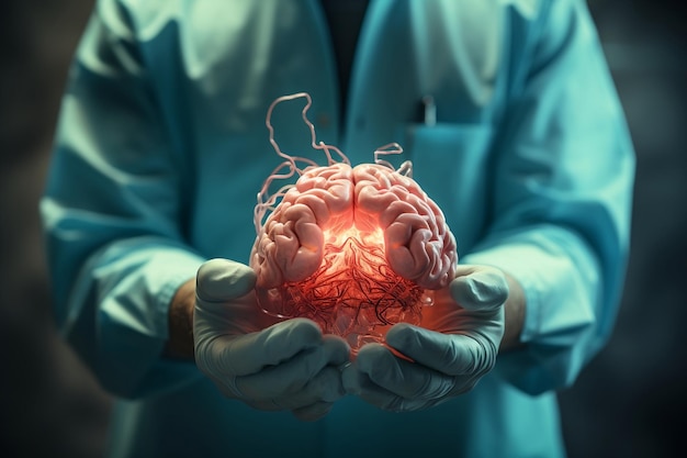 Primer plano de las manos enguantadas del médico sosteniendo la IA del cerebro humano