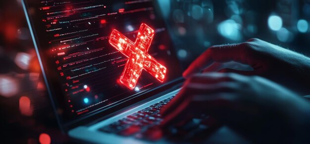 Primer plano de manos escribiendo en una computadora portátil con íconos digitales