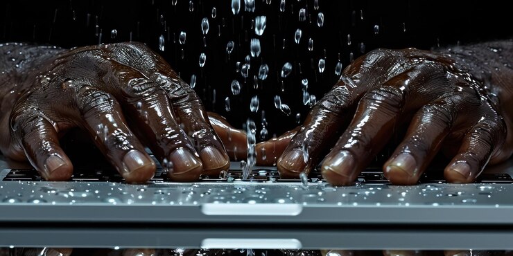 Foto primer plano de manos escribiendo en un teclado de portátil húmedo con gotas de agua y salpicaduras en la pantalla