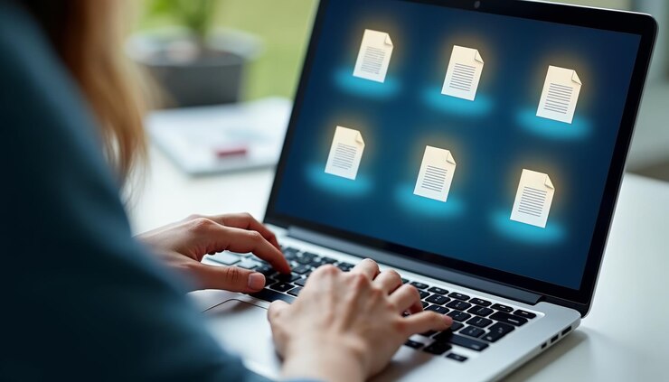 Foto un primer plano de las manos escribiendo en un teclado de portátil con iconos de documentos en la pantalla