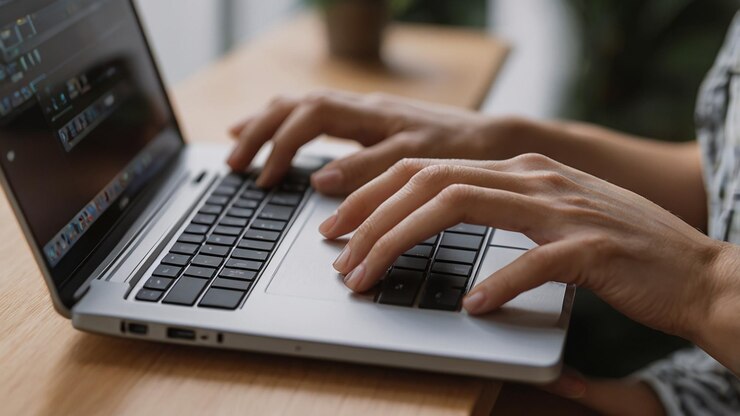Un primer plano de las manos escribiendo en un teclado de portátil