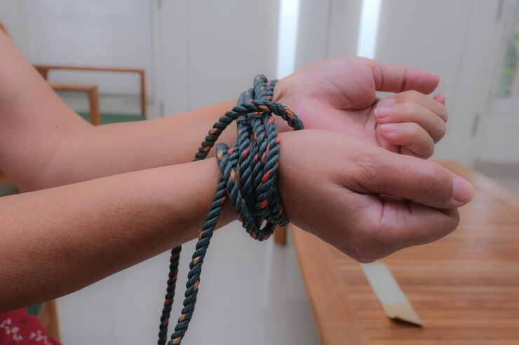Foto primer plano de manos femeninas atadas con cuerdas de plástico