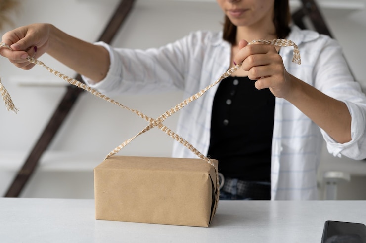 Foto el primer plano de las manos femeninas está empacando productos para enviarlos al comprador venta de productos en línea
