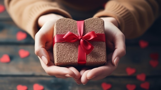 Primer plano de manos femeninas sosteniendo una caja de regalo cúbica envuelta con cinta roja concepto del día de San Valentín