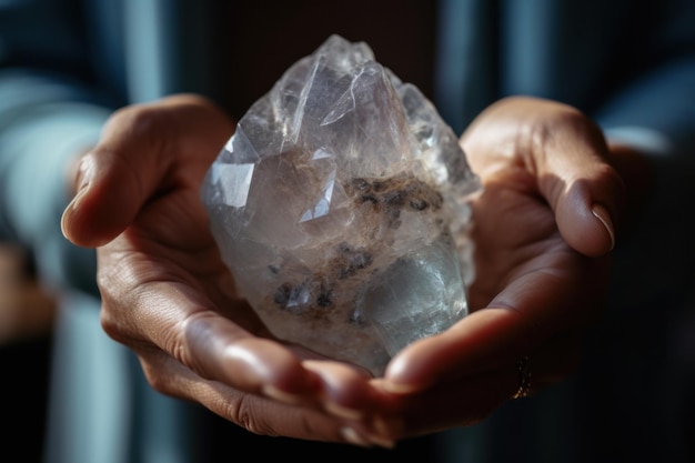 Primer plano de manos femeninas sosteniendo un hermoso cristal de cuarzo para la vista de meditación desde la parte superior