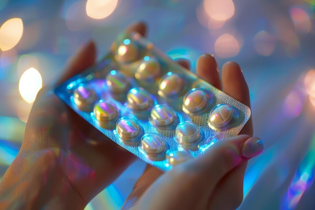 Un primer plano de manos femeninas sosteniendo un paquete de pastillas en fondo bokeh Medicamentos farmacéuticos, pastillas con receta, pastillas antibióticas