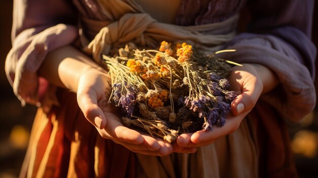 primer plano de manos femeninas sosteniendo un ramo de hierbas medicinales IA generativa