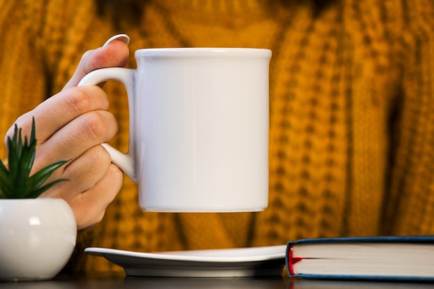 Primer plano de manos femeninas con una taza de bebida hermosa mujer en gritar suéter sosteniendo una taza de té