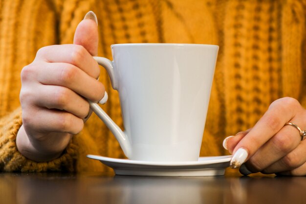 Foto primer plano de manos femeninas con una taza de bebida hermosa mujer en gritar suéter sosteniendo una taza de té