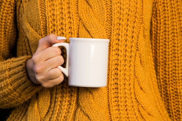 Primer plano de manos femeninas con una taza de bebida hermosa mujer en gritar suéter sosteniendo una taza de té