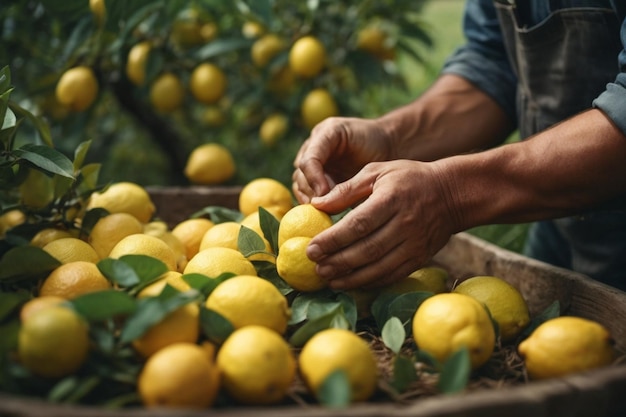 Un primer plano de las manos de un granjero seleccionando cuidadosamente los limones perfectos