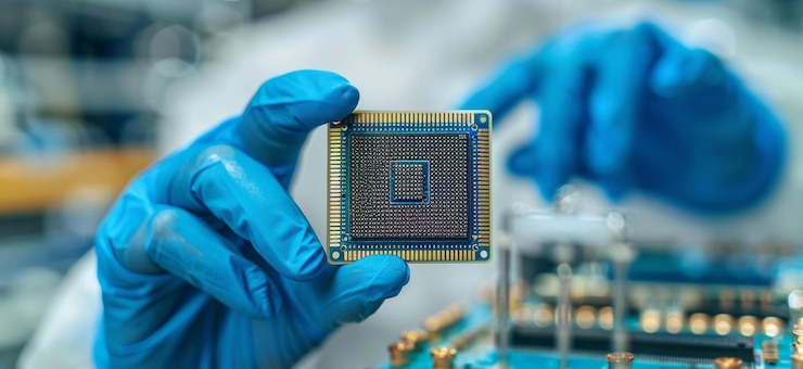 Foto primer plano de manos con guantes azules sosteniendo un microchip en un laboratorio