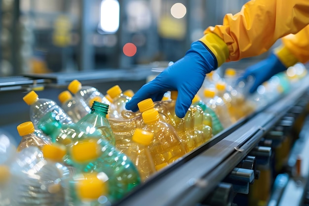 Foto primer plano de manos con guantes clasificando botellas y vasos de plástico en una cinta transportadora concepto de reciclaje clasificación de botellas de plástico guantes cinta transportadora