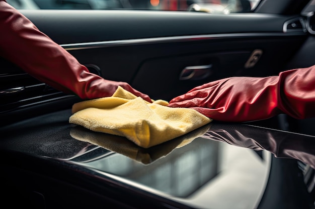 Primer plano de manos con guantes limpiando el auto con un paño de microfibra servicio de limpieza automática auto limpio dentro generado por IA