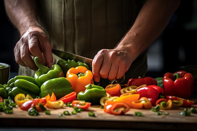 Foto primer plano de las manos de un hombre cortando pimientos frescos