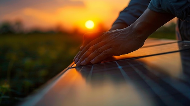 Primer plano de las manos de un hombre instalando paneles solares fotovoltaicos