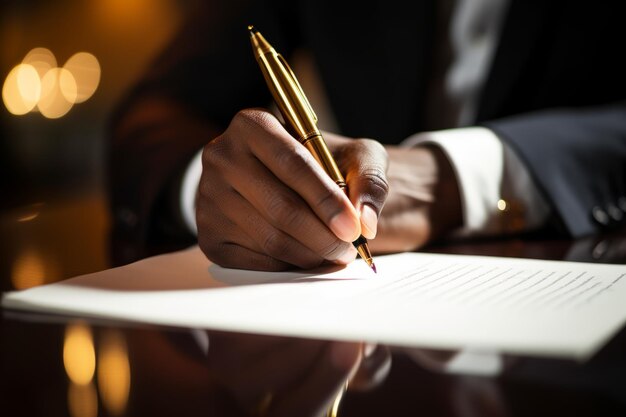 primer plano de las manos de un hombre mientras están en el proceso de escribir o firmar en una hoja de papel