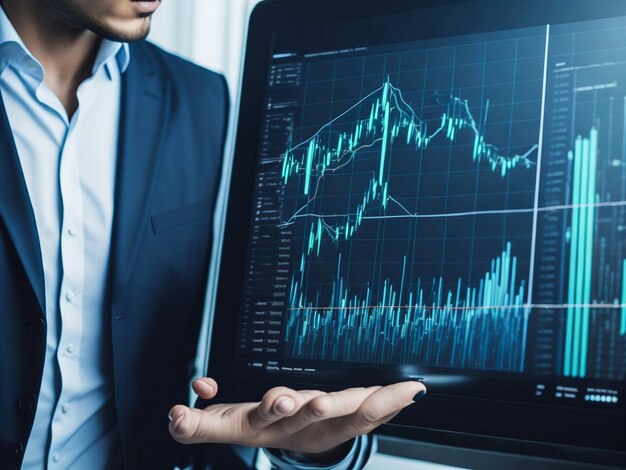 Primer plano de las manos del hombre de negocios sosteniendo una tableta con un gráfico de índice forex brillante