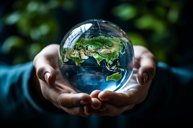 Primer plano de manos humanas sosteniendo un globo de cristal con el planeta Tierra dentro del concepto del Día de la Tierra
