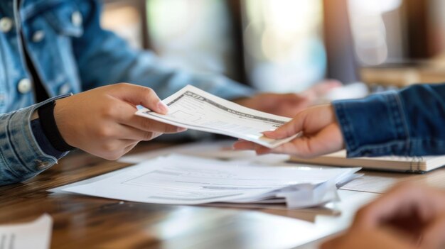 Un primer plano de las manos intercambiando un documento en una mesa