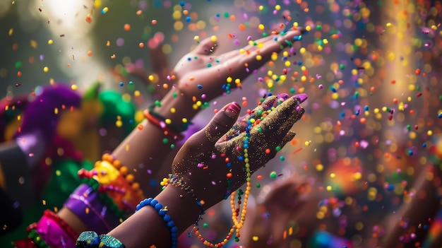 Foto primer plano de manos lanzando cuentas de una carroza de desfile durante la fiesta de mardi gras