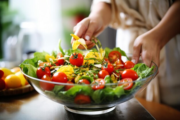 Primer plano de las manos lanzando una ensalada César con croutones