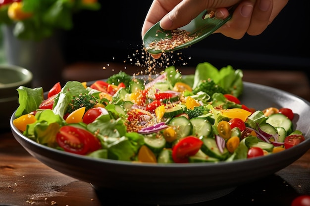 Primer plano de las manos lanzando una ensalada César con croutones