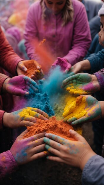 Un primer plano de las manos manteniendo los colores para el Festival del Color en la India