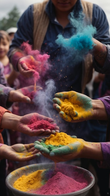 Un primer plano de las manos manteniendo los colores para el Festival del Color en la India