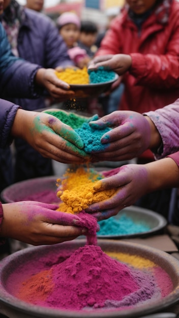 Un primer plano de las manos manteniendo los colores para el Festival del Color en la India