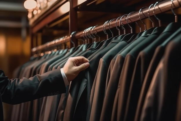 Primer plano de manos masculinas arrancadas Colgante eligiendo traje en una tienda de trajes IA generativa