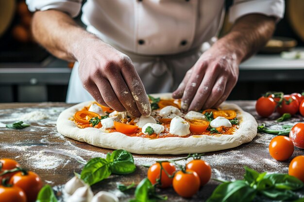 Un primer plano de manos masculinas preparando pizza con tomates mozzarella y albahaca