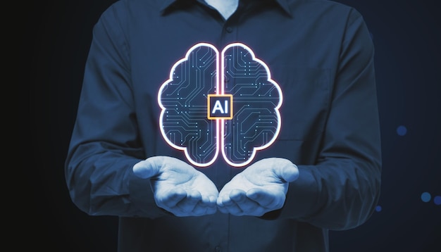 Primer plano de manos masculinas sosteniendo un holograma cerebral digital creativo con circuito en círculos bokeh azules borrosos de fondo Concepto de inteligencia artificial y aprendizaje automático